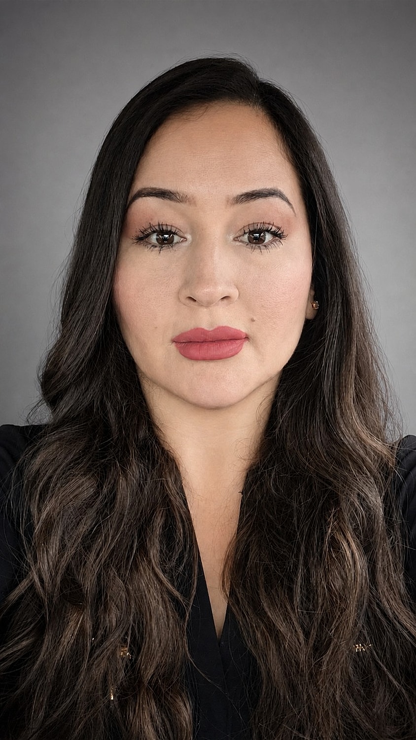 Woman with long hair and natural makeup.