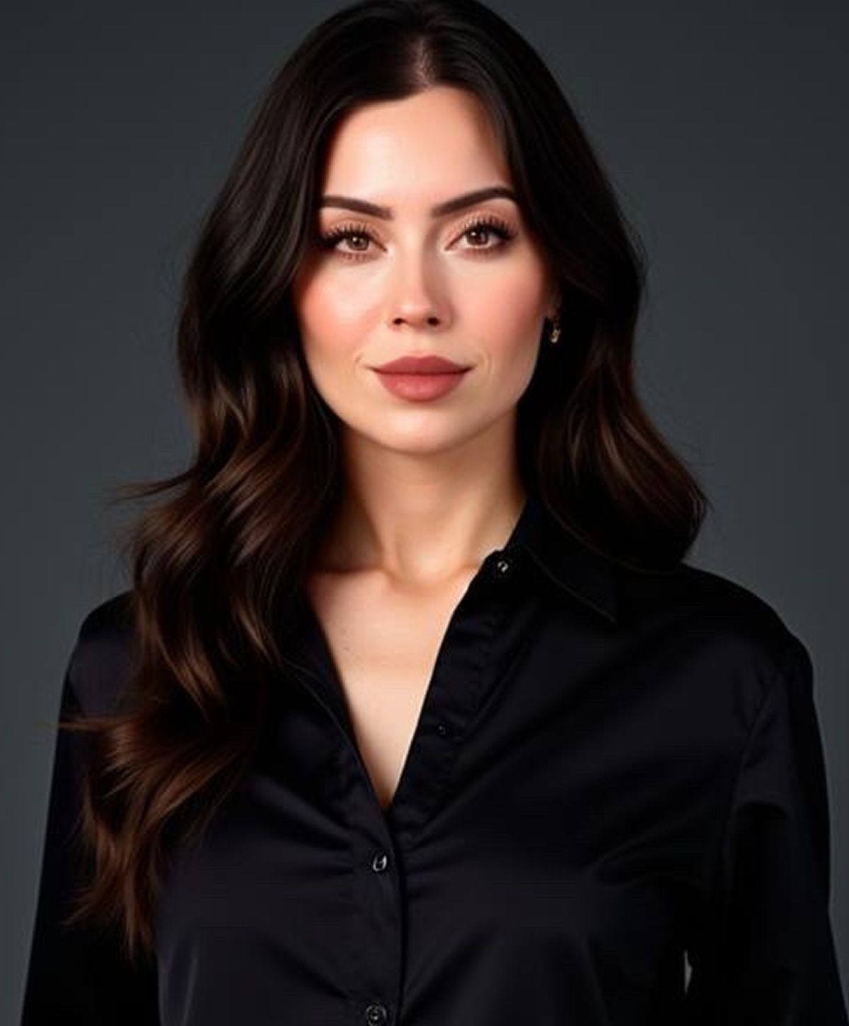 Woman in black shirt with wavy hair.